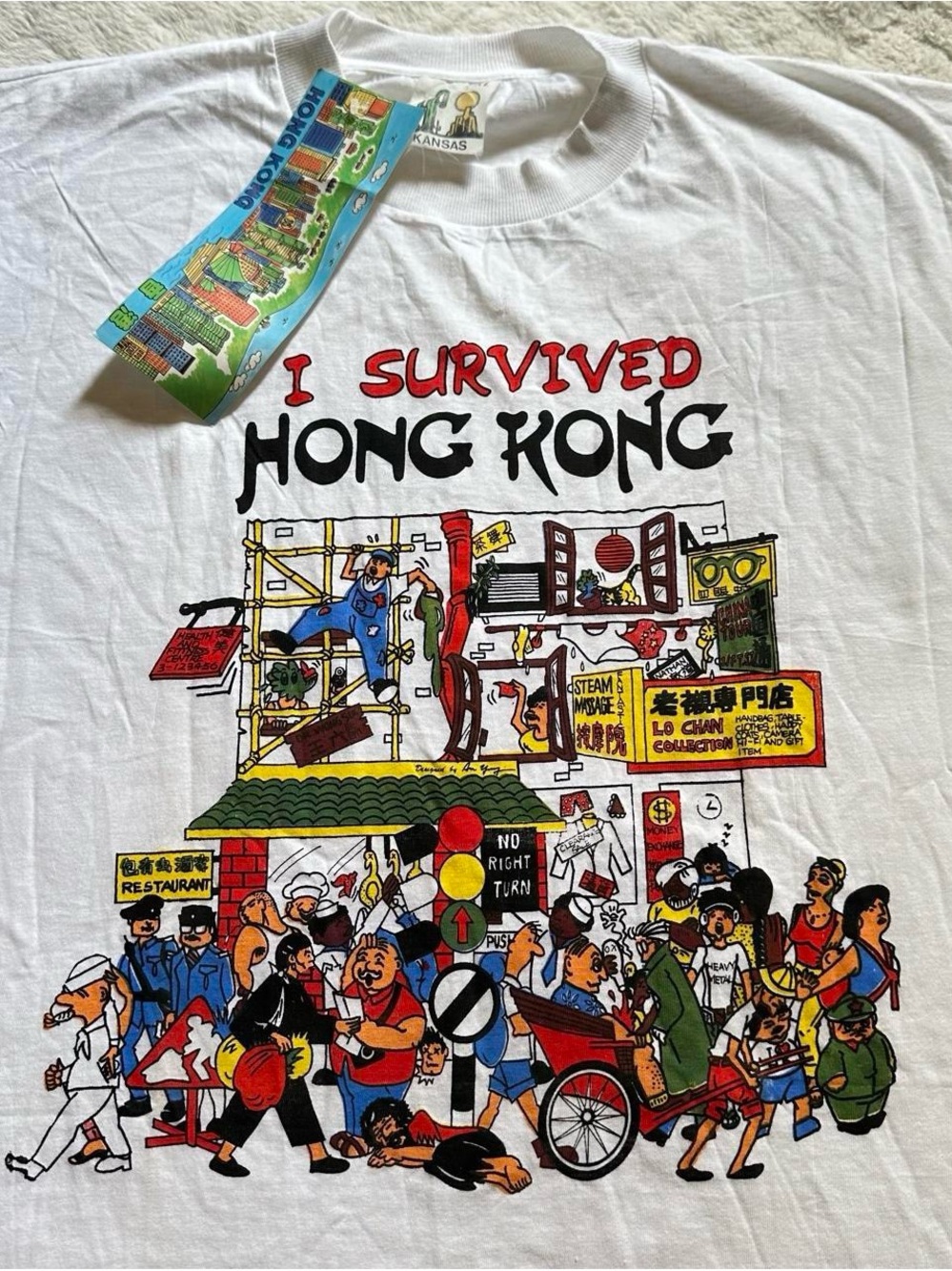 Vintage 1990s I Survived Hong Kong Graphic White T-Shirt XL